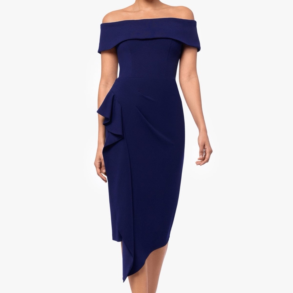 NWT Betsy & Adam Maya Off The Shoulder Scuba Crepe Ruched Midi Dress Size 8